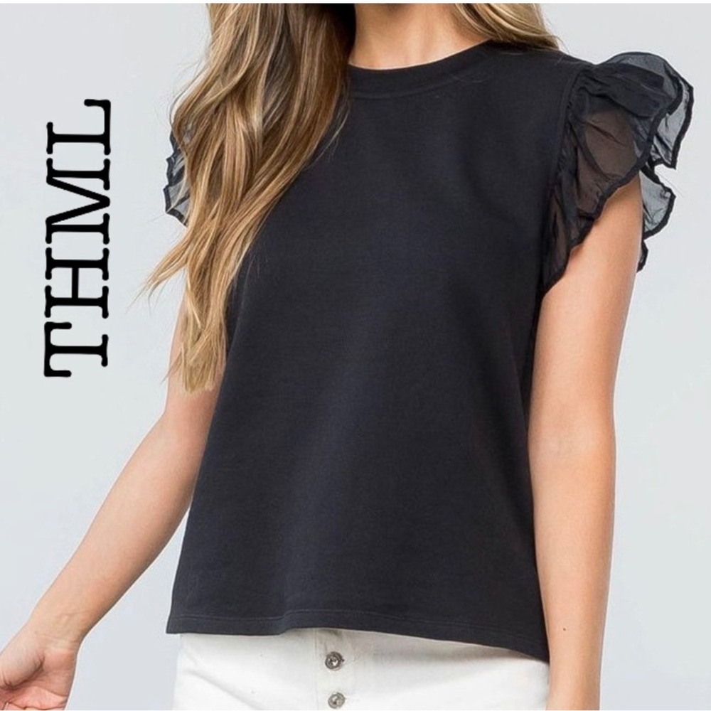 THML Black Danica French Terry Ruffle Sleeve Top Size M Minimalist Casual Luxe